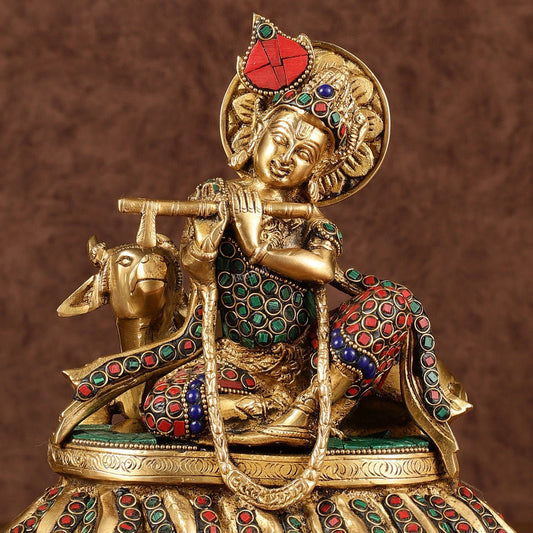 Lord krishna seated with cow brass idol with stonework 7.5 inch