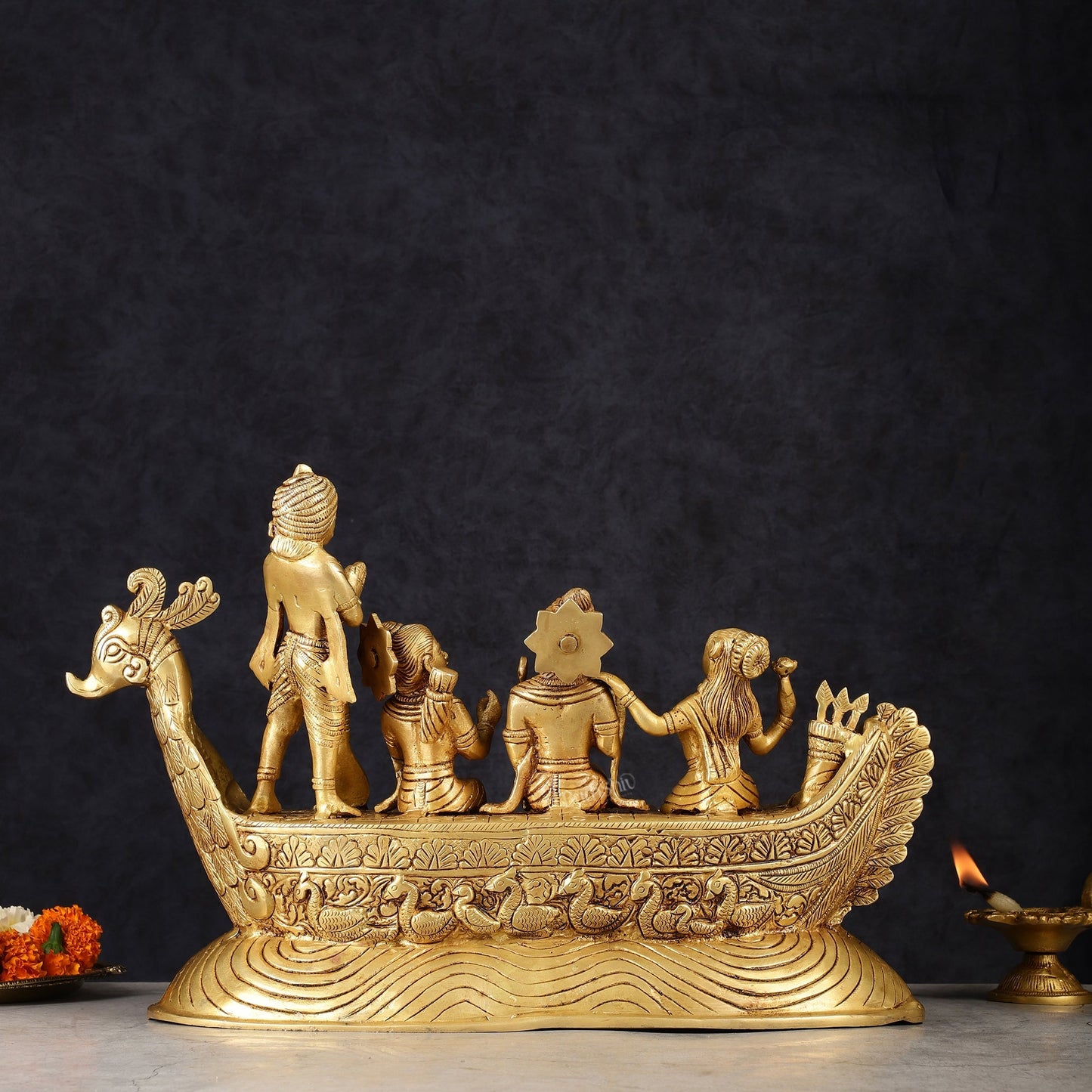 Lord Rama, Sita, and Lakshmana Statue with Kewat on boat brass statue