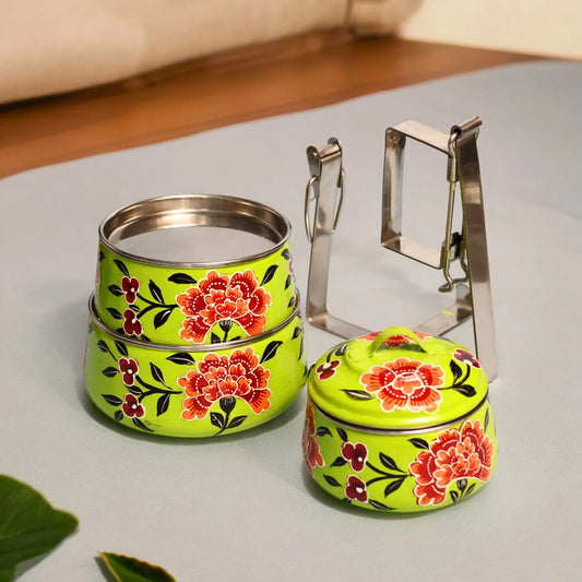 Shri-badri Hand Painted 3 Tier Steel Lunch Box - Green