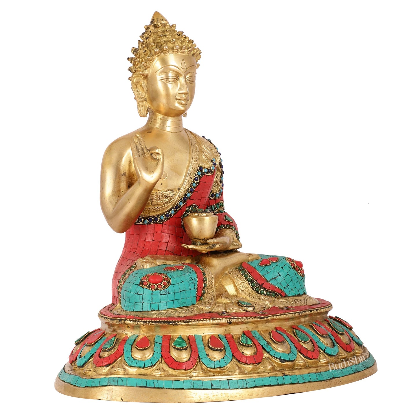 Meenakari Stonework Brass Buddha in Abhaya Mudra Idol | 16" Height | Serene Presence