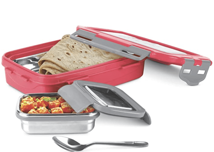 MILTON Steely Super Deluxe Insulated Inner Stainless Steel Big Tiffin Box, 500 ml, with Inner Stainless Steel Container, 175 ml and Spoon, Red | Kids Lunch Box | Easy to Carry | Easy to Clean