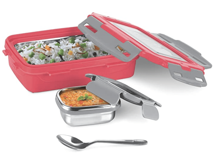 MILTON Steely Super Deluxe Insulated Inner Stainless Steel Small Tiffin Box, 400 ml, with Inner Stainless Steel Container, 120 ml and Spoon, Red | Kids Lunch Box | Easy to Carry | Easy to Clean