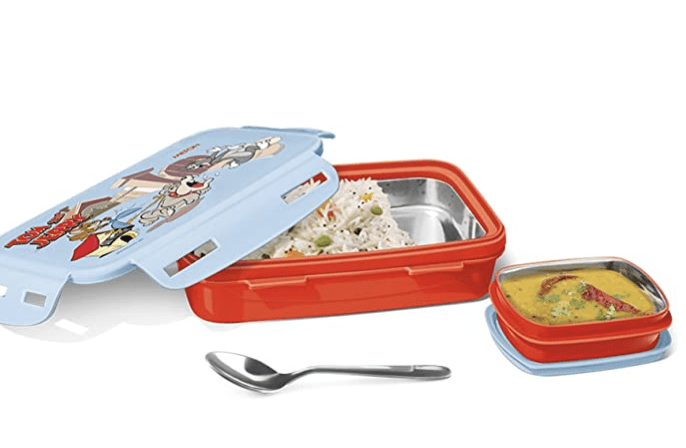 MILTON Steely Prime Insulated Inner Stainless Steel Small Tiffin Box, 400 ml, with Inner Container, 80 ml and Spoon, Red | Food Grade | Easy to Carry | Easy to Clean | Leak Proof | Kids Lunch Box