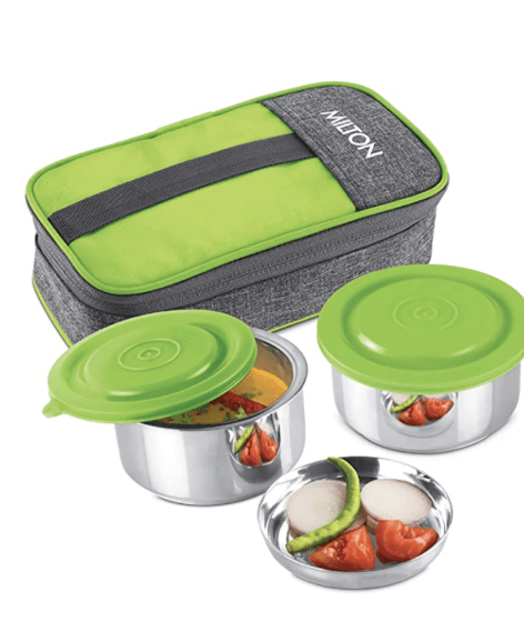 Milton Pasto Lunch Box 2 Double Wall Stainless Steel Containers with Denim Insulated Jacket, Set of 2, 350 ml, Green