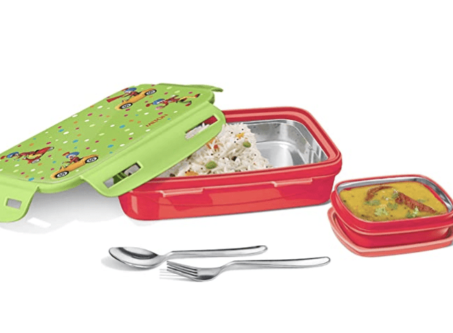 Milton Steely Deluxe Mini Inner Steel & Outer Plastic Kids Tiffin Box, 400 ml, Red | Kids Lunch Box | School | Leak Proof