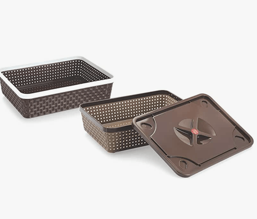 Nakoda 111 Dune Storage Basket With Lid Multipurpose Use for Kitchen & Home Organiser Box for Fruits Vegetables, Toys, Stationary items, Color May Vary, (287 x 213 x 81)