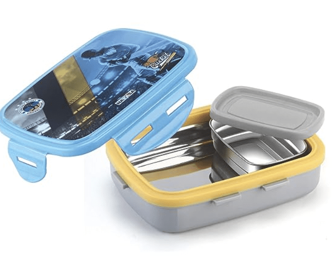 Nayasa Nutri Kids Insulated Lunch Box with 1 Inner Stainless Steel Dibbi & Stainless Steel Container- 500 ml, Airtight & Leak Proof Lid, Ideal for School Going Kids, Full Meal & Easy to Carry, Blue