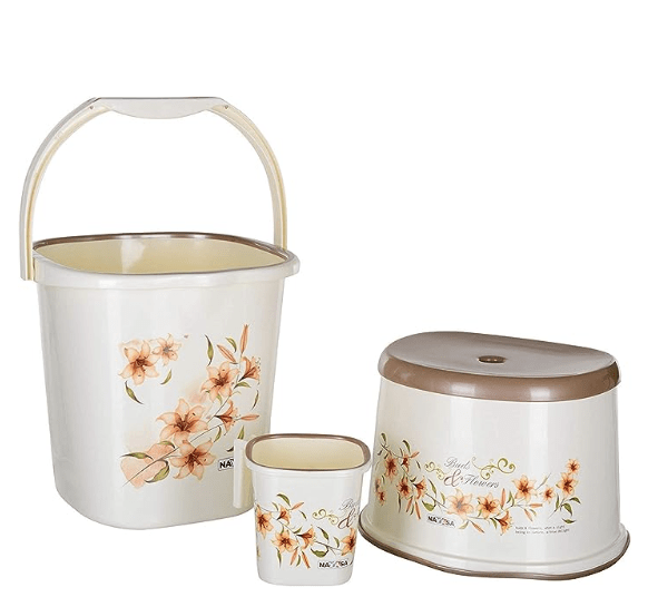 Nayasa Funk Bathroom Set 3 Pieces- Bucket (18 litres), Mug (1.5 Liters) and 1 Stool, Off White | Bathroom Accessory Set(Plastic)