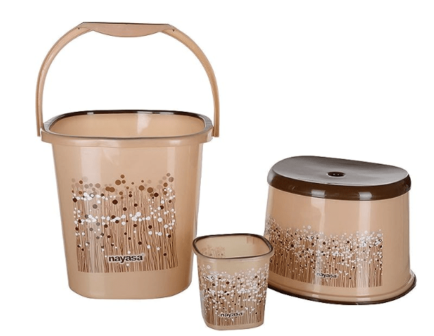 Nayasa Funk Square Plastic DLX Bucket, Mug, Stool Bathroom Set (Brown, 3 Pcs, 1.5L)