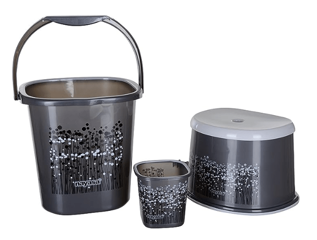 NAYASA 3 Piece Plastic Bathroom Bucket 25LTR, Mug 1500ml and Stool 508 Set, Grey