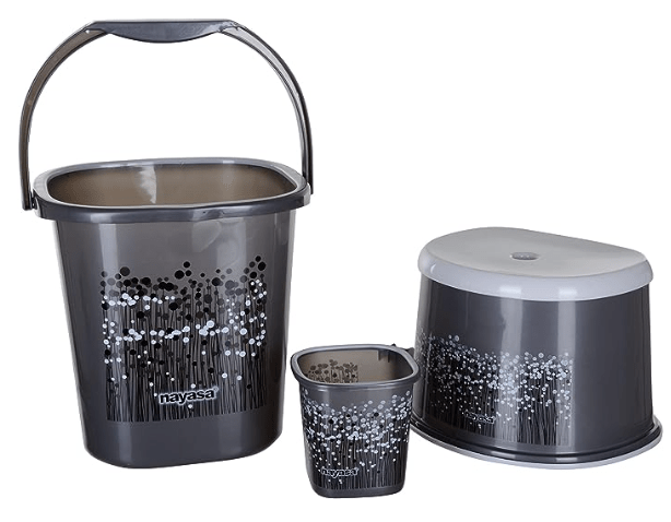 Nayasa Funk Bathroom Set 3 Pieces- Bucket (25 litres), Mug (1.5 litres) and 1 Stool, Black | Bathroom Accessory Set(Plastic)