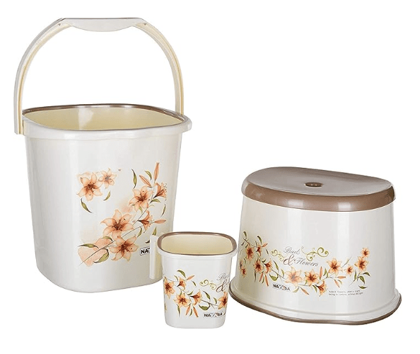 Nayasa Avekin Plastic Square Deluxe Bathroom Set of 3 (25 L, Off-White, 3-Pieces)