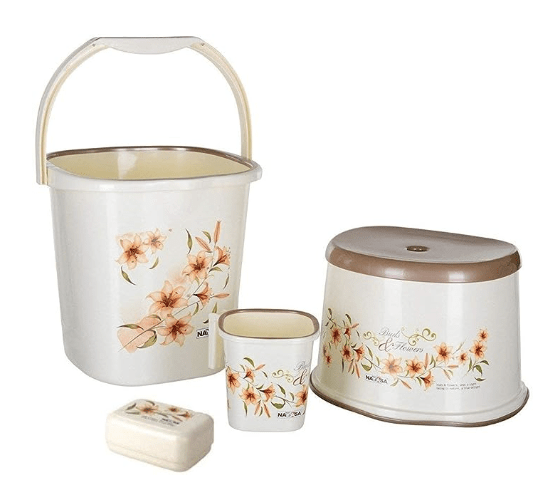 Nayasa Bansal Group Plastic Bathroom Bucket Set with Bathroom Mug Stool Patla and Soap Case (25 L, White), 4-Pieces