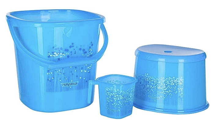 Nayasa Funk Plastic Square Deluxe Bathroom Set Bucket 25 L+Mug 1.5 L+Stool (Blue) -3 Pcs