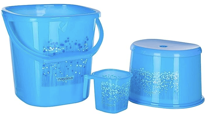 Nayasa Plastic Bucket Set with Mug and Stool Patla, Blue, 25 L (3 Pieces)