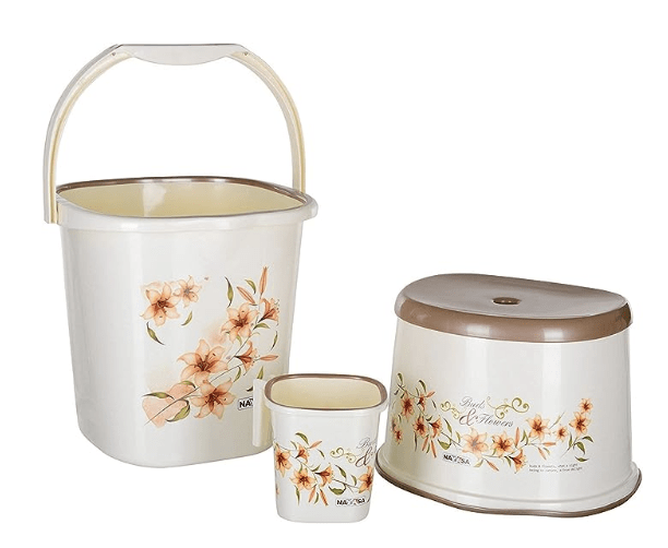 Nayasa Super Plastic Square Deluxe Bathroom Bucket with Matching Mug and Matching Patla, Set of 3 (18 Liters, Off White, 3-Pieces)
