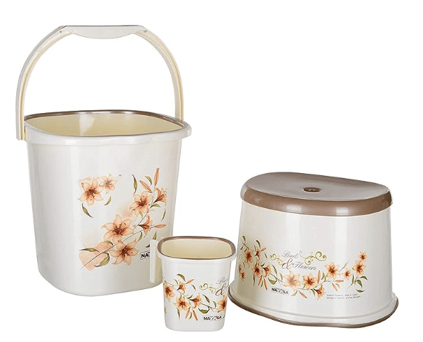 Nayasa Plastic Bucket and Mug with Stool, White, 25L (3 Pieces)