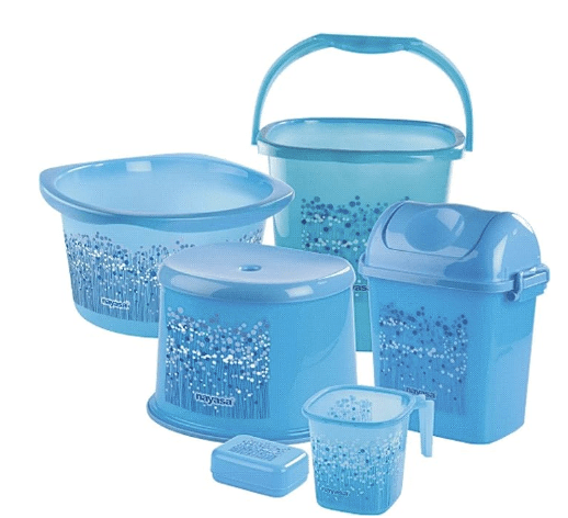 Nayasa Plastic Bathroom Bucket Set with Bathroom Mug, Stool Patla, Soap Case, Dustbin and Tub, Blue, 25 L (6 Pieces)
