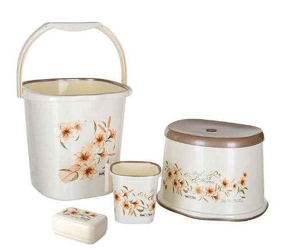 Nayasa Plastic Bucket, Mug, Stool, Soap Case, Off White, Bucket - 18L, Mug - 1.5L (4 Pieces)
