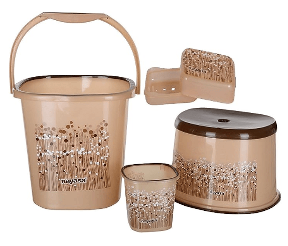 Nayasa Funk Square DLX 4 Pcs Bathroom Set (Bucket 25 L+Mug 1.5 L+Stool+Soap Case) Brown
