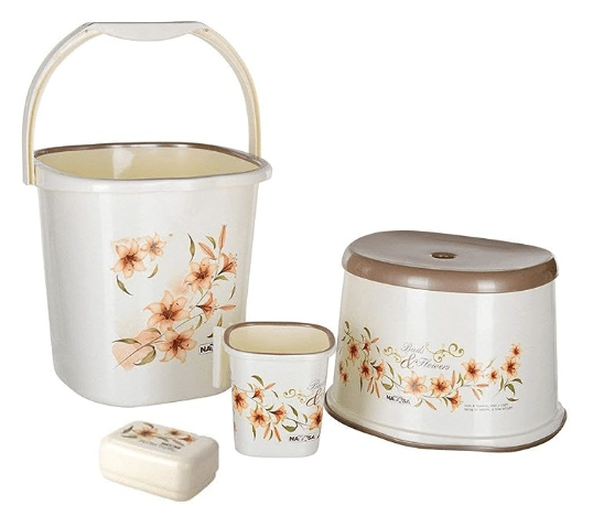 Nayasa Square DLX 4Pcs Bathroom Set(Bucket 18L+Mug 1.5L+Stool+Soap case) Off-White