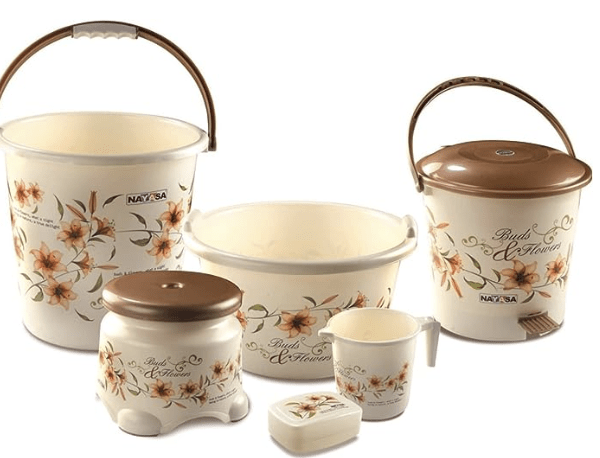 Nayasa Round Bathroom Set 6-Pieces - Bucket (25 litres) with Mug (1.5 litres),Basin (20 litres),Dustbin (14 litres), Stool & Soap Case,Brown| Bathroom Accessory Set(Plastic)
