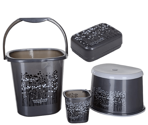 Nayasa Funk Square 4Pcs Bathroom Set(Bucket 18L+Mug 1.5L+Stool+Soap case) Black