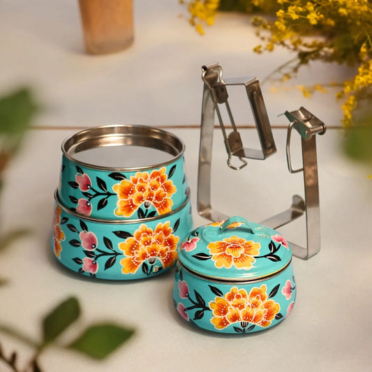 Shri-badri Hand Painted 3 Tier Steel tiffin Box - Blue