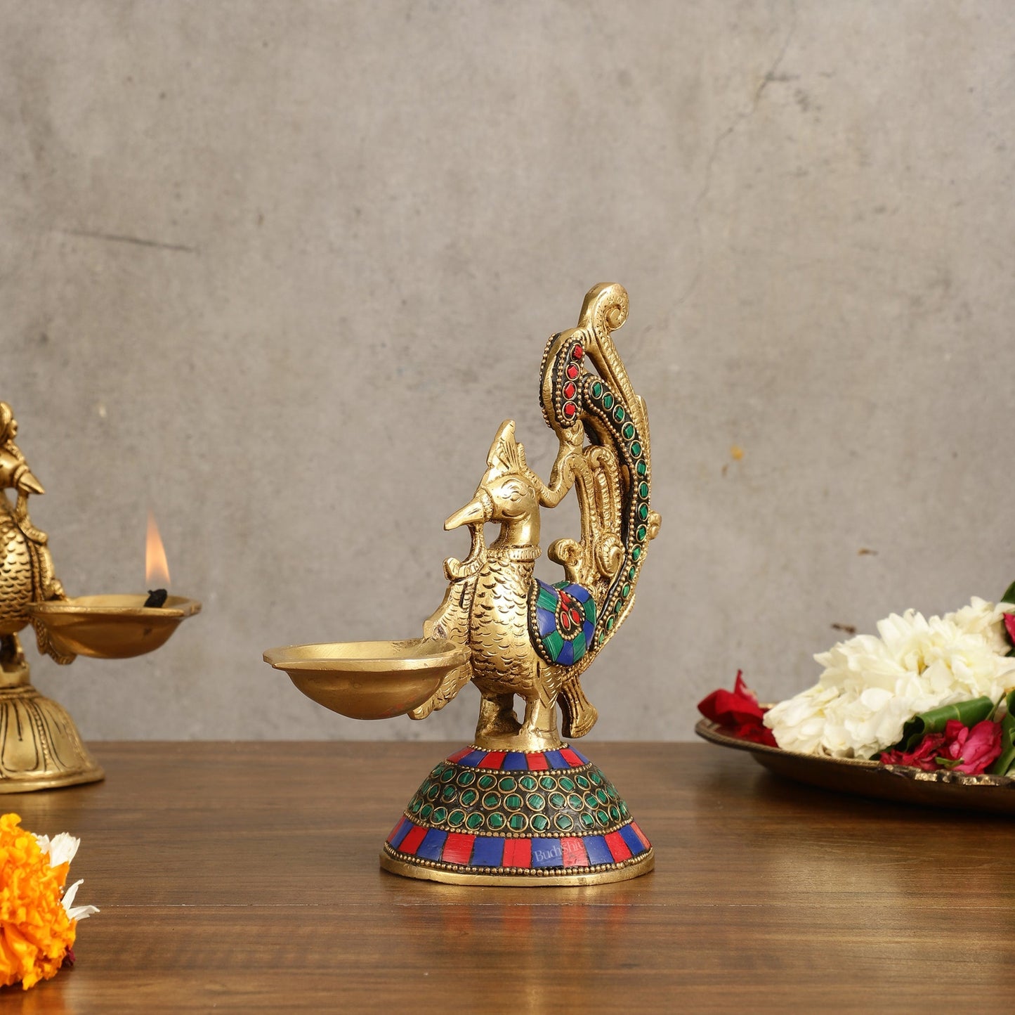 Peacock Brass Oil Lamp | 8 inches Meenakari 8"