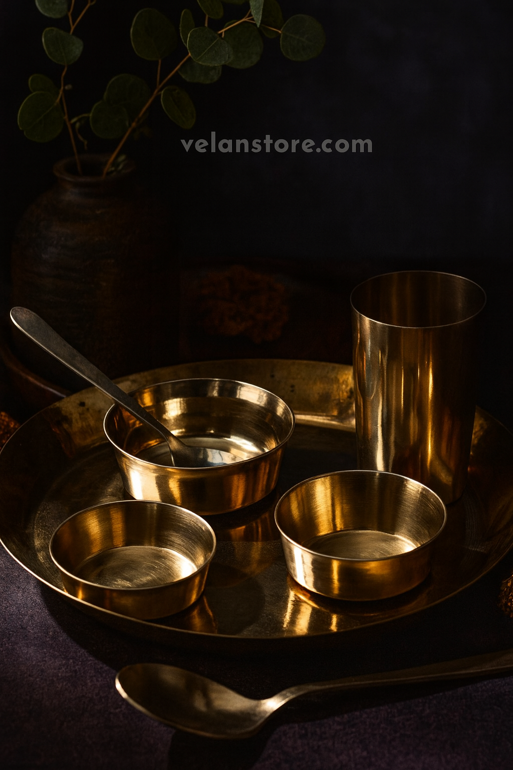 Kansa Dinner Plate Set - 5 pieces set (1 plate, 2 bowls, 1 glass and 1 spoon)