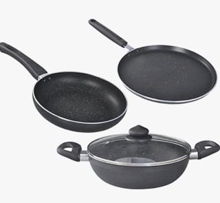 Prestige Omega Deluxe Granite Aluminium 3 Piece Set- Tawa, Fry Pan & Kadai with 1 Glass Lid|Made Using German Technology|Non-Stick|Spatter-Coated Surface|Induction and Gas Compatible Base|Black
