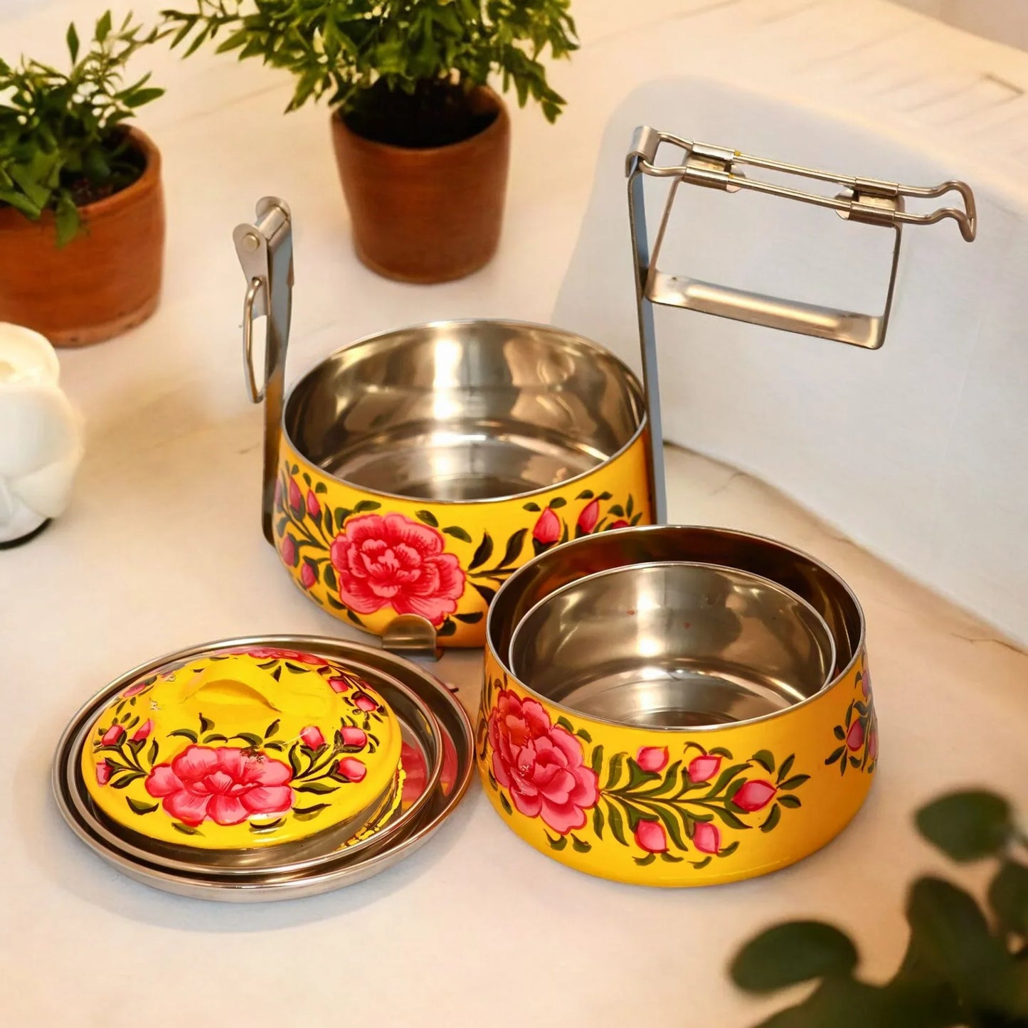 Shri-badri Hand Painted 3 Tier Steel Lunch Box - Yellow With Rose