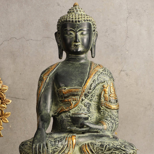 Pure Brass Antique Sand Finish Buddha life-story Sculpture - 15.5" Height