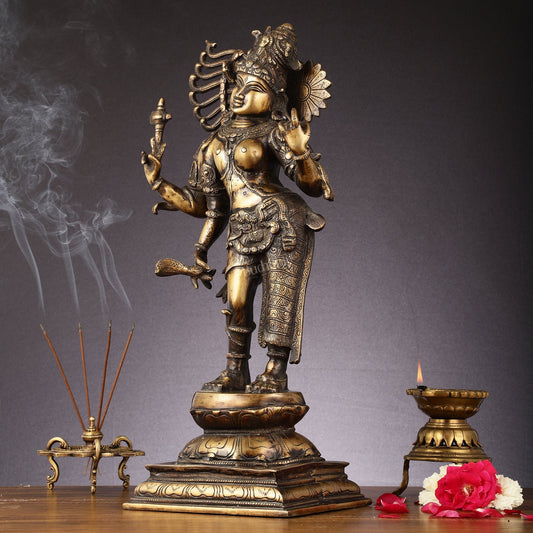Pure Brass Antique Tone Ardhanarishwara Statue - 20 inch