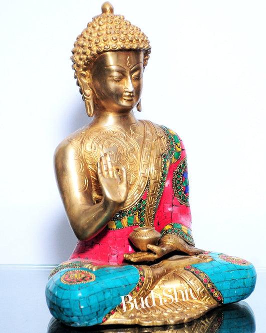 Pure Brass Blessing Buddha Statue | Handcrafted with Natural Stone 12 inches
