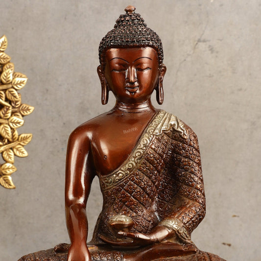 Pure Brass Buddha Hand Down Statue - Nepali brown Finish, 11" Height