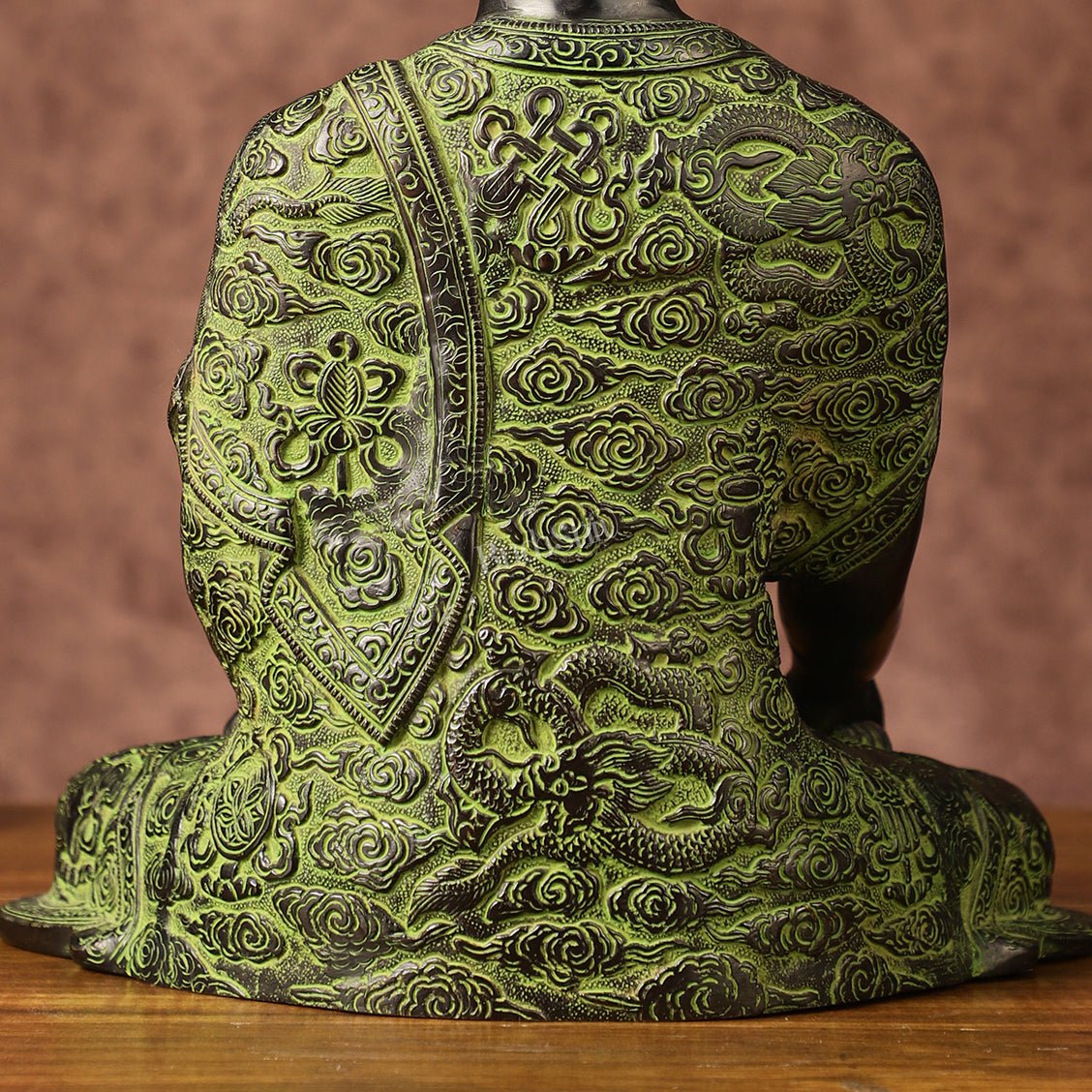 Pure Brass Buddha in Bhoomisparsha Nirvana Mudra with Dragon Carvings | 14 inch