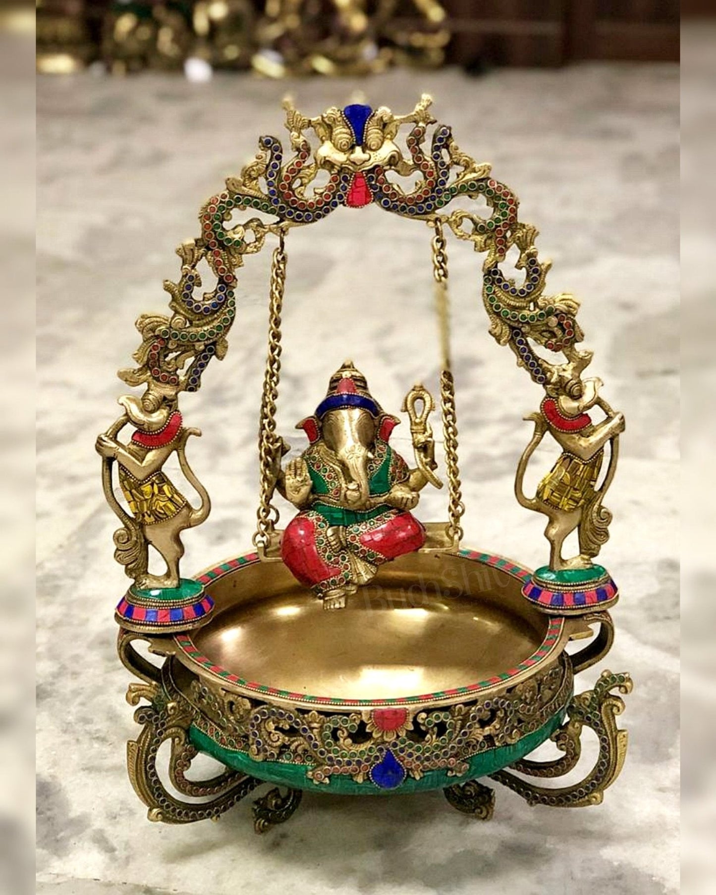 Pure Brass Ganesha on Swing Urli - 21 inch