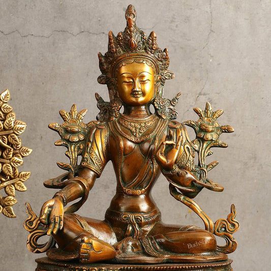 Pure Brass Green Tara Devi Statue - Nepali Orange Finish, 13" Height