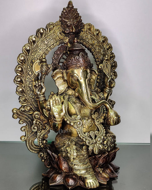 Pure Brass Handcrafted Ganesha Idol - 15.5" Height, Brown and Gold Antique Finish