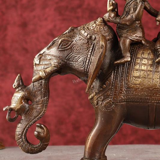 Pure Brass Handcrafted Ganesha with Riddhi Siddhi on Elephant Statue - 7.5" antique brown