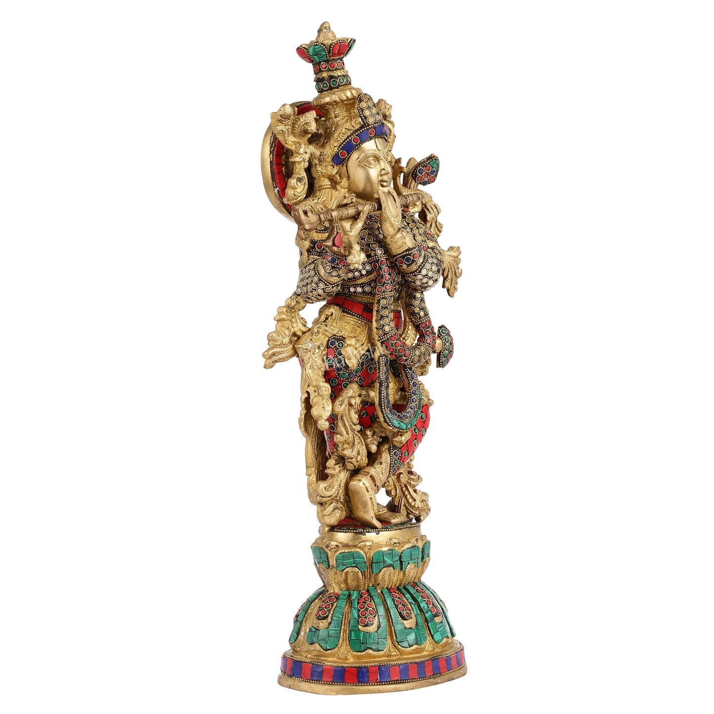 Pure Brass Handcrafted Krishna Statue with Stonework | Height 21 inch