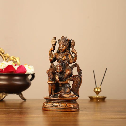 Pure Brass Lord Vishnu Seated on Garuda Statue - 8"
