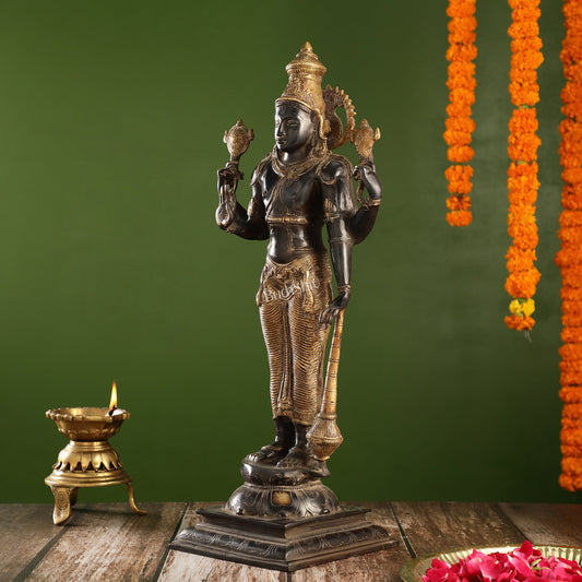 Pure Brass Lord Vishnu Statue | 20" Height | Sand Finish Black & Golden