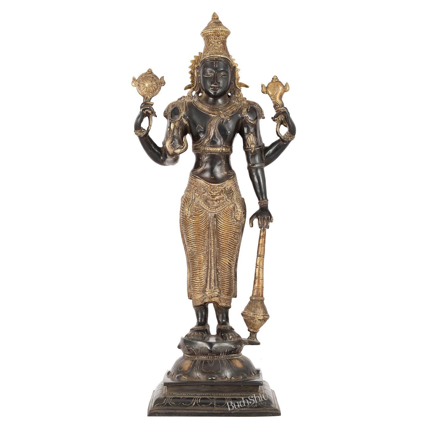 Pure Brass Lord Vishnu Statue | 20" Height | Sand Finish Black & Golden