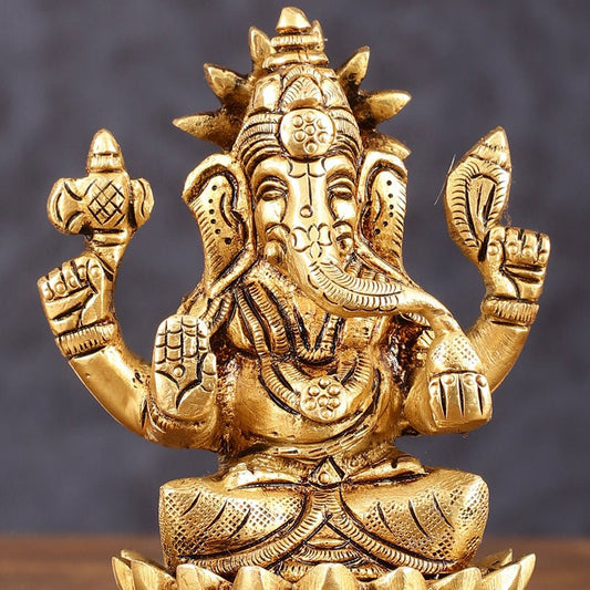 Pure Brass Lotus Ganesha Superfine Idol - 4" Height