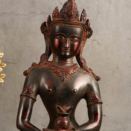 Pure Brass Meditating Buddha Statue - Antique Red Finish, 13" Height