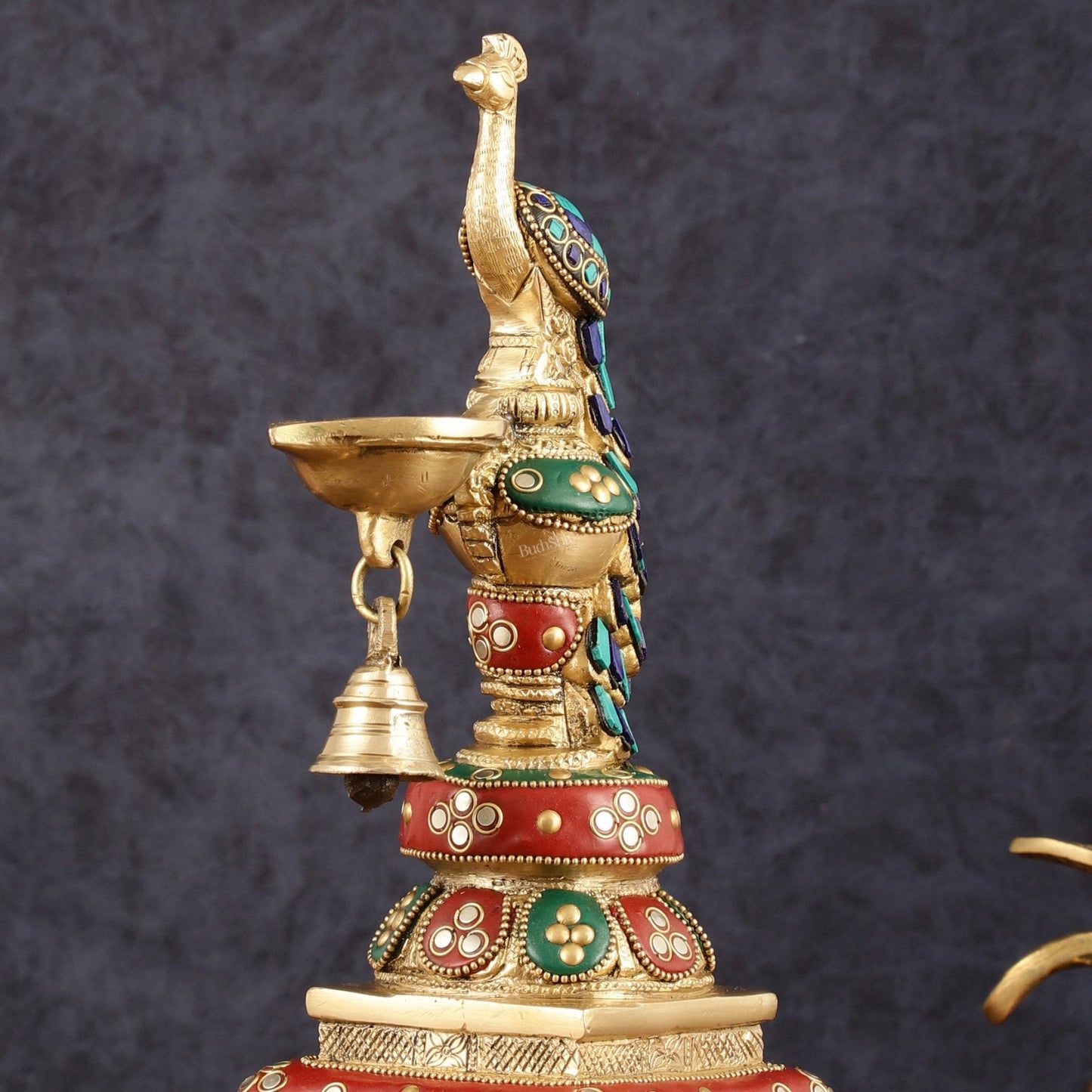 Pure Brass Peacock Diya with Meenakari Work - 11" Height