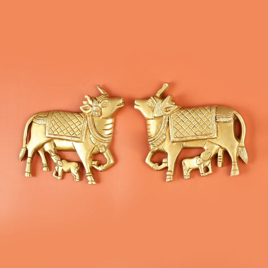 Pure Brass Pichwai Cow and Calf Wall Hanging - 5"x5.5" | Elegant Decor
