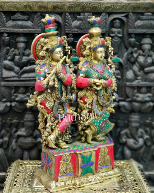 Pure Brass Radha Krishna Idol - 24" Height | Engraved Base with Stonework